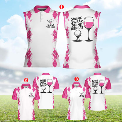 May include: White golf shirts with pink accents and diamond patterns. Some shirts feature golf-related graphics and the text "SWING SWEAR DRINK REPEAT." Others have space for a name and golf club graphics.