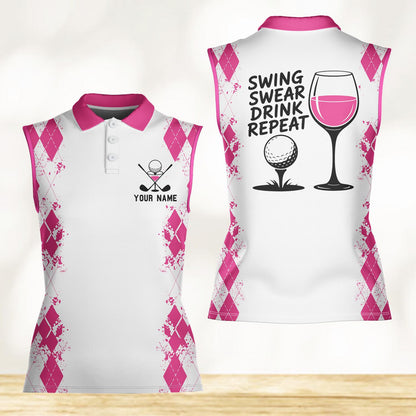 May include: White sleeveless golf polo shirt with a pink collar and trim. The shirt features a pink argyle pattern and a graphic of a golf ball, clubs, and a martini glass. The back of the shirt has the text "SWING SWEAR DRINK REPEAT" and a wine glass.