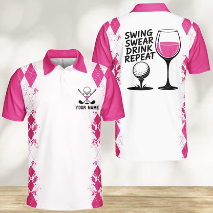 May include: White polo shirt with pink sleeves and argyle pattern. Features a golf ball and crossed clubs graphic, with the text "YOUR NAME" below. The back displays a golf ball, wine glass, and the words "SWING SWEAR DRINK REPEAT".