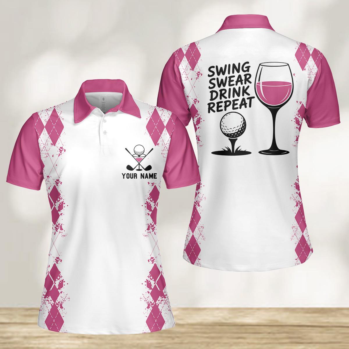 May include: White polo shirt with pink argyle pattern and accents. Features golf-themed graphics and the text "SWING SWEAR DRINK REPEAT" on the back. Includes space for personalized text. A golf-themed apparel item.