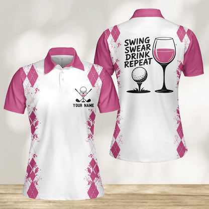 May include: White polo shirt with pink argyle pattern and accents. Features golf-themed graphics and the text "SWING SWEAR DRINK REPEAT" on the back. Includes space for personalized text. A golf-themed apparel item.