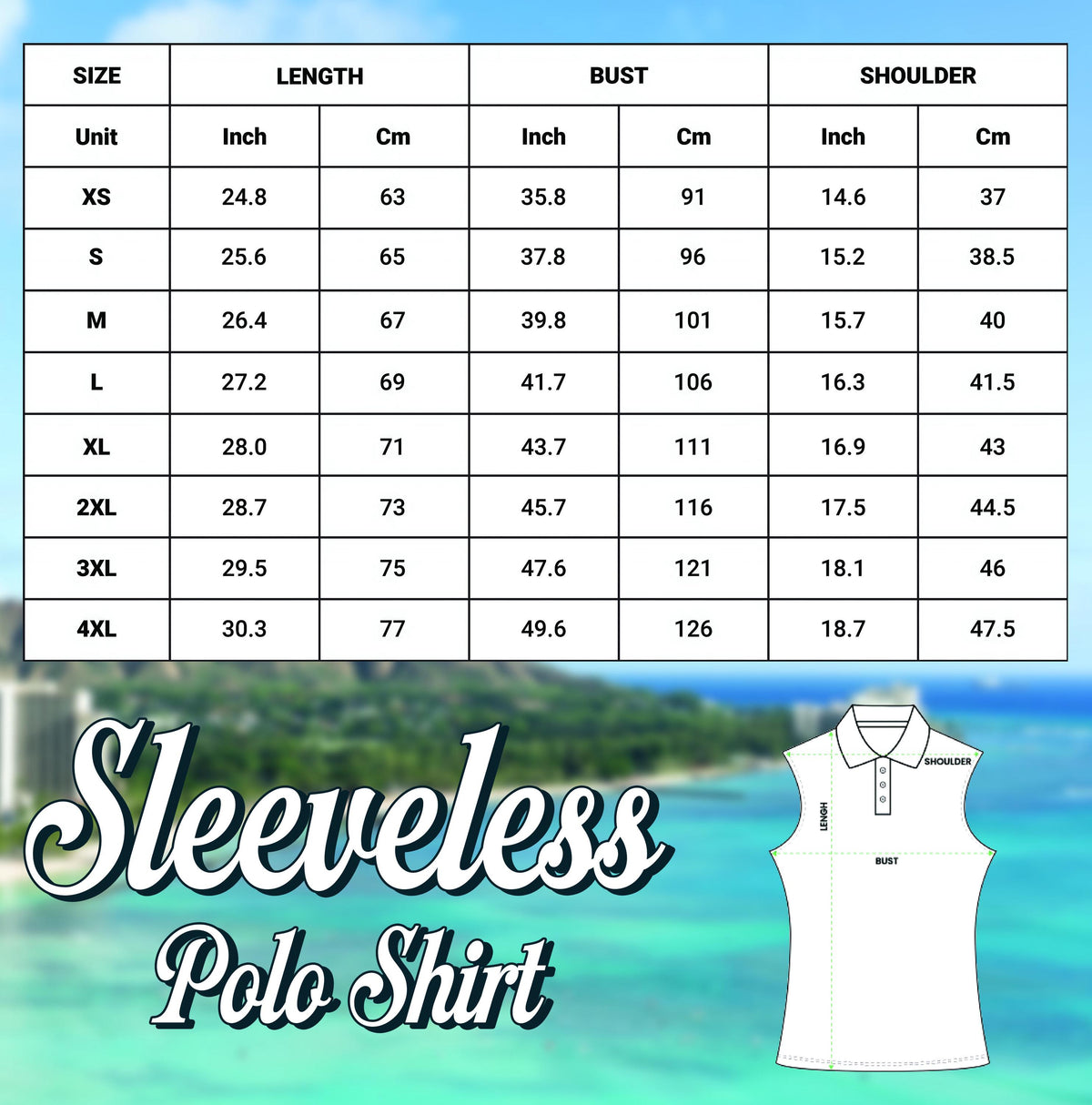 May include: A white sleeveless polo shirt design with a size chart showing measurements in inches and centimeters. The chart includes sizes XS to 4XL, with bust measurements ranging from 35.8 inches (91 cm) to 49.6 inches (126 cm).