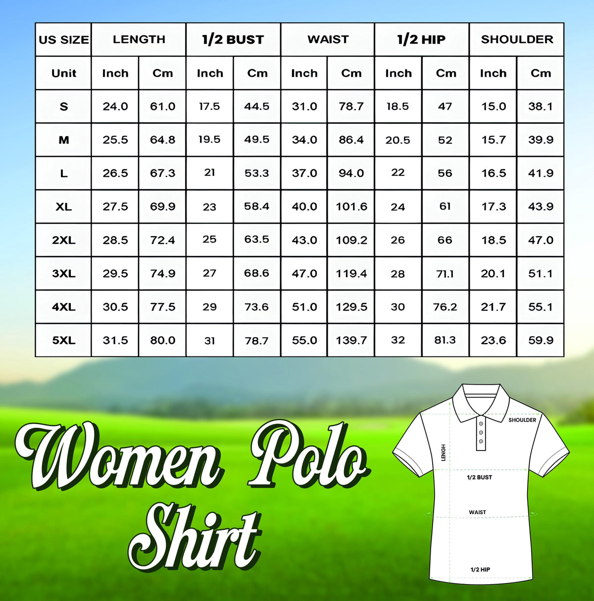 May include: A size chart for a women's polo shirt, with measurements in inches and centimeters. The chart includes sizes S to 5XL, detailing length, bust, waist, hip, and shoulder measurements. The image also features the text "Women Polo Shirt".