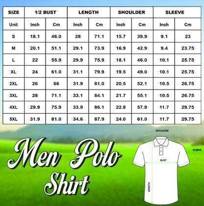 May include: A size chart for a polo shirt, with measurements in inches and centimeters. The chart includes sizes S to 5XL, detailing bust, length, shoulder, and sleeve dimensions. The words "Men Polo Shirt" are displayed in a decorative font.