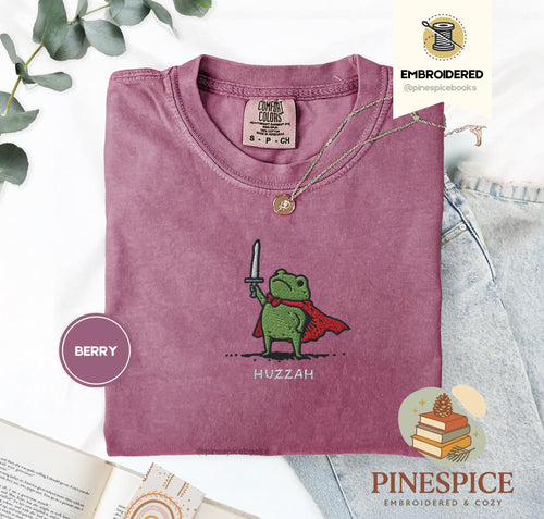 Huzzah Frog with Sword Tee, Embroidered Medieval Frog Shirt, Comfort Colors 1717, Funny DnD T-Shirt, Renaissance Faire Frog Gift