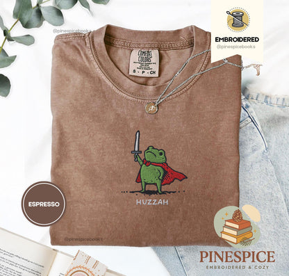 Huzzah Frog with Sword Tee, Embroidered Medieval Frog Shirt, Comfort Colors 1717, Funny DnD T-Shirt, Renaissance Faire Frog Gift