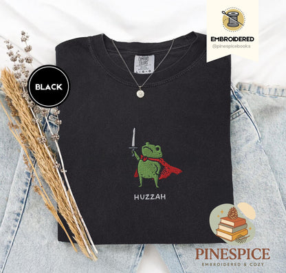 Huzzah Frog with Sword Tee, Embroidered Medieval Frog Shirt, Comfort Colors 1717, Funny DnD T-Shirt, Renaissance Faire Frog Gift