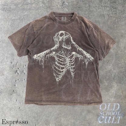 May include: Espresso-colored t-shirt featuring a distressed white graphic of a screaming skeleton. The shirt has a crew neck and short sleeves. The text "OLD SCHOOL CULT" is visible in the lower right corner. The word "Espresso" is in the lower left corner.