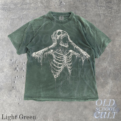 May include: Light green t-shirt with a distressed finish, featuring a white graphic of a screaming skeleton. The shirt has short sleeves and a crew neck. The words "OLD SCHOOL CULT" are printed in white on the bottom right corner. The words "Light Green" are printed on the bottom left corner.