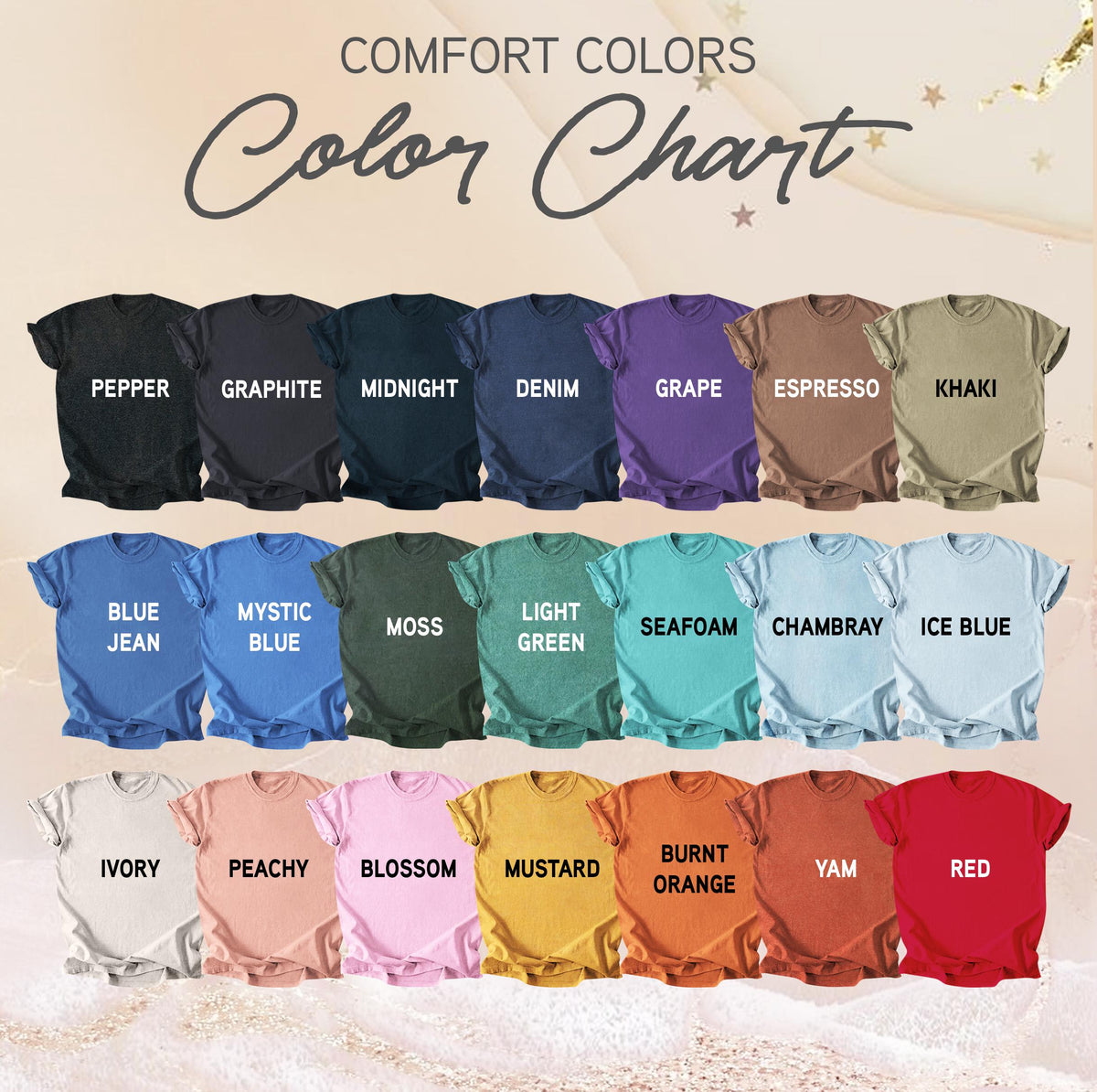 May include: A color chart featuring a variety of t-shirts in different colors, including black, blue, green, purple, and orange. The text "COMFORT COLORS Color Chart" is at the top. Each shirt is labeled with its color name, such as "Pepper," "Denim," and "Mustard."