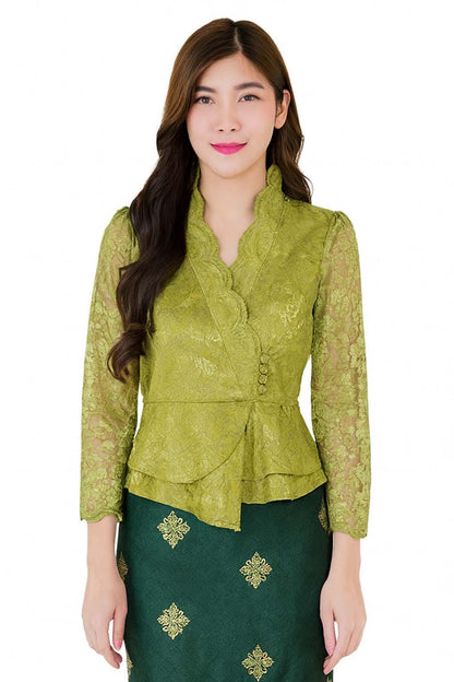 May include: A lime green lace blouse with long sleeves and a wrap-style front. The blouse features a high, scalloped neckline and three small buttons. The bottom half of the blouse is layered over a dark green skirt with gold floral embroidery.