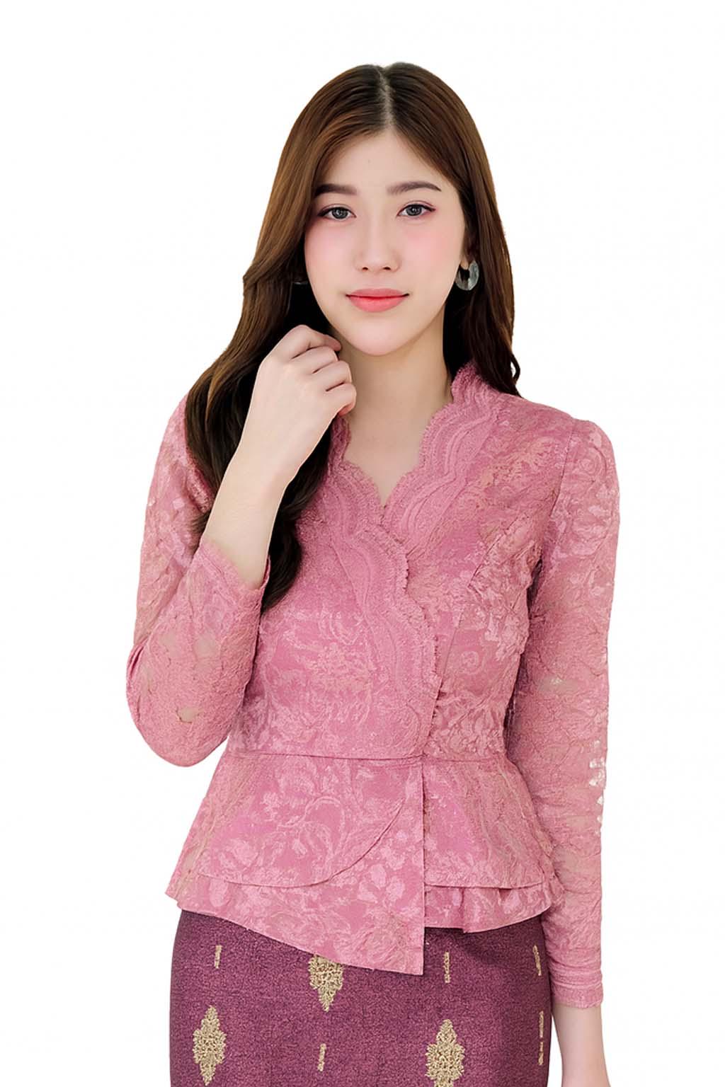 May include: A pink lace blouse with long sleeves and a peplum waist. The blouse has a V-neckline with a scalloped edge. The model is wearing a dark purple skirt with gold embroidery.