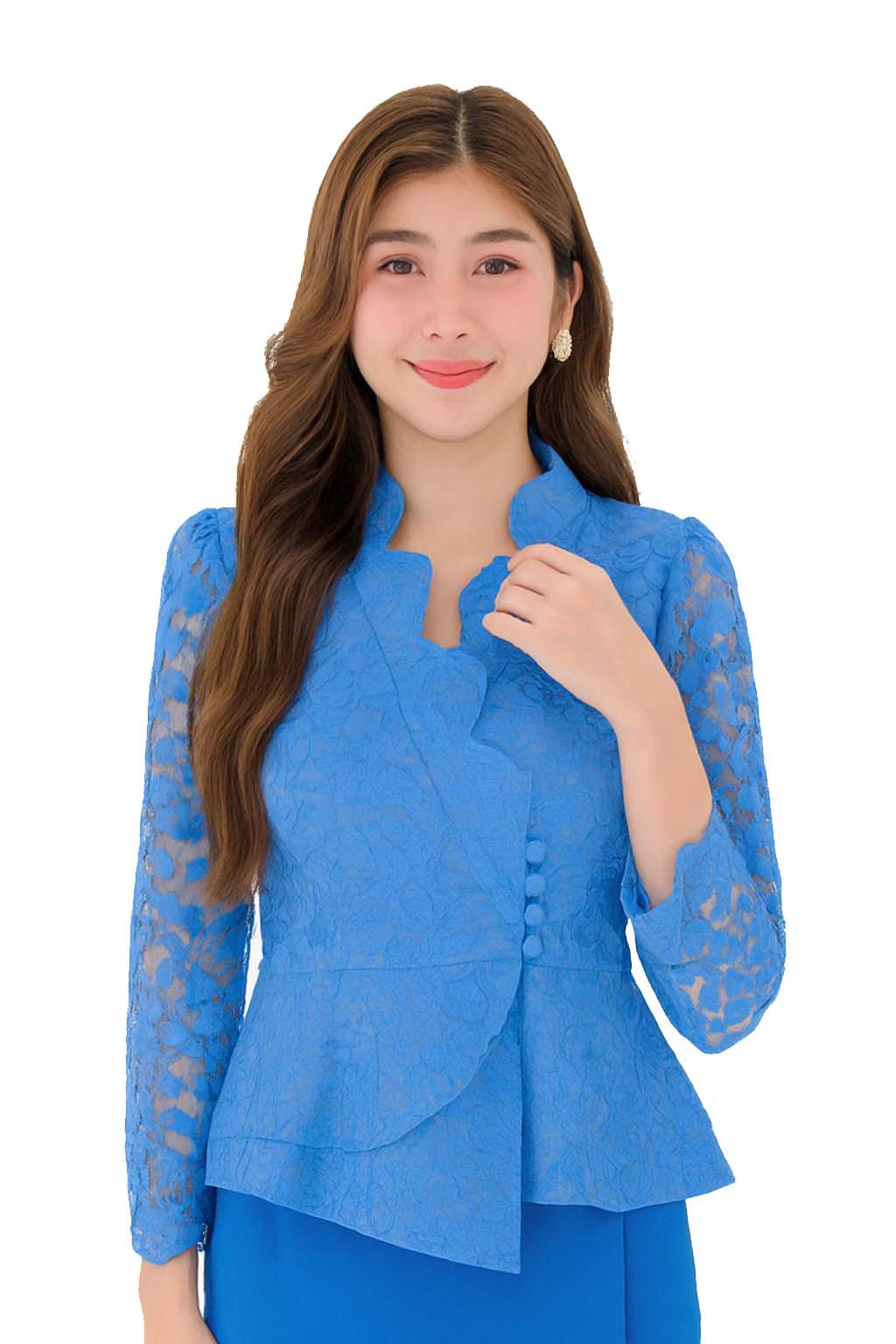 May include: A blue lace blouse with long sleeves and a unique neckline. The blouse features a button closure and a peplum-style hem. The sleeves are sheer, and the fabric has a floral pattern. The blouse is a vibrant shade of blue.