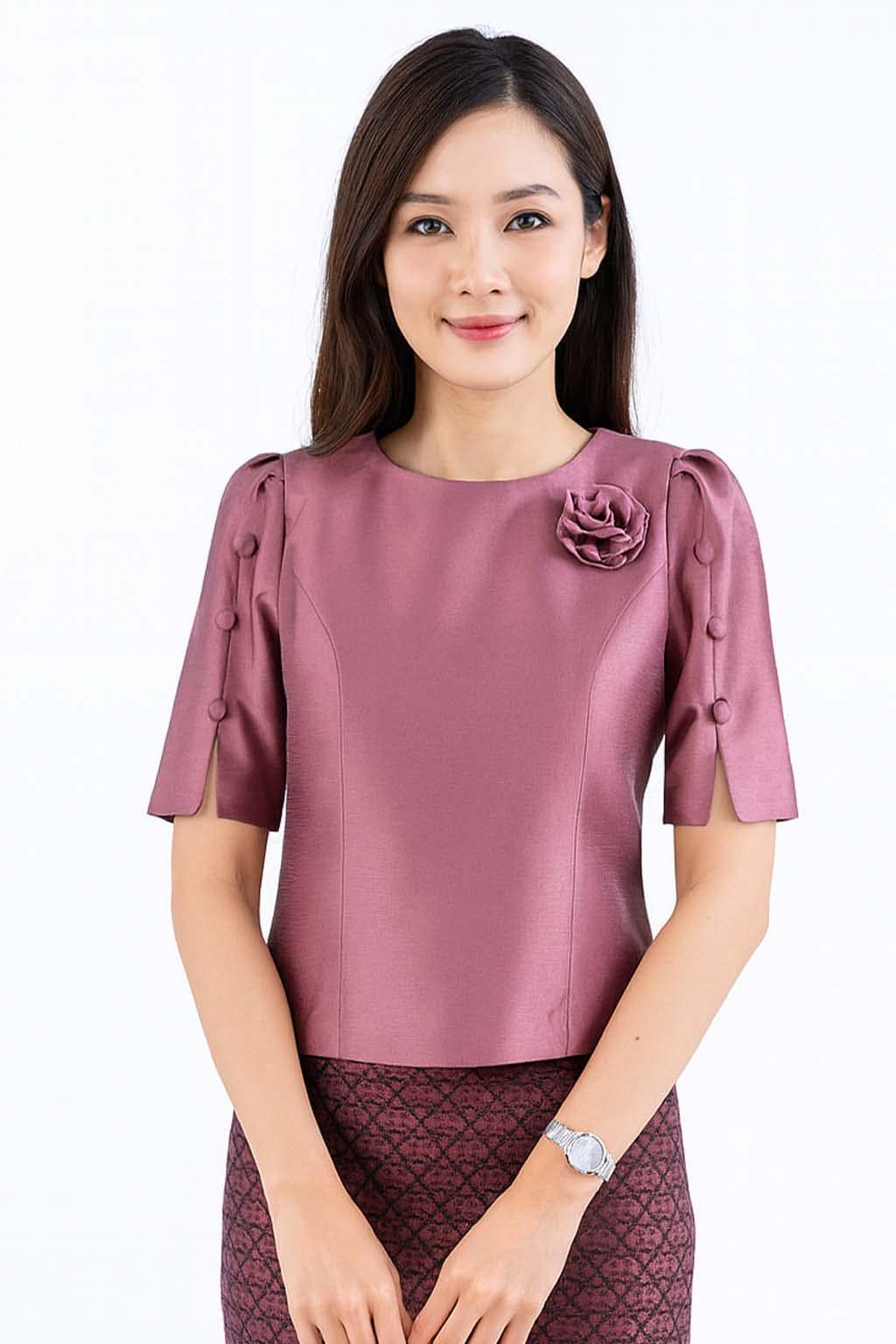 Ladies Elegant Thai Silk Shirt Thai Women's Formal Wedding Blouse Top - 12 Colors Pink Shrimp