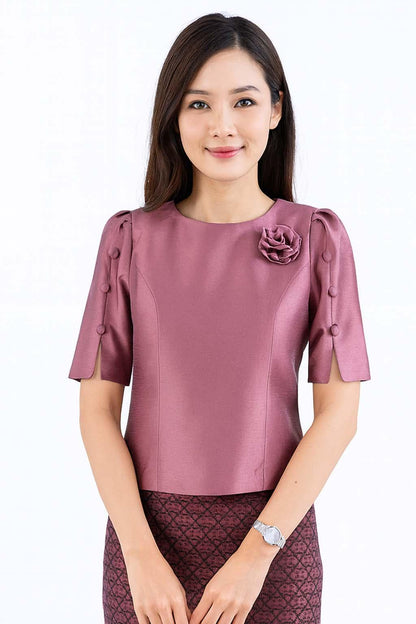 Ladies Elegant Thai Silk Shirt Thai Women's Formal Wedding Blouse Top - 12 Colors Pink Shrimp