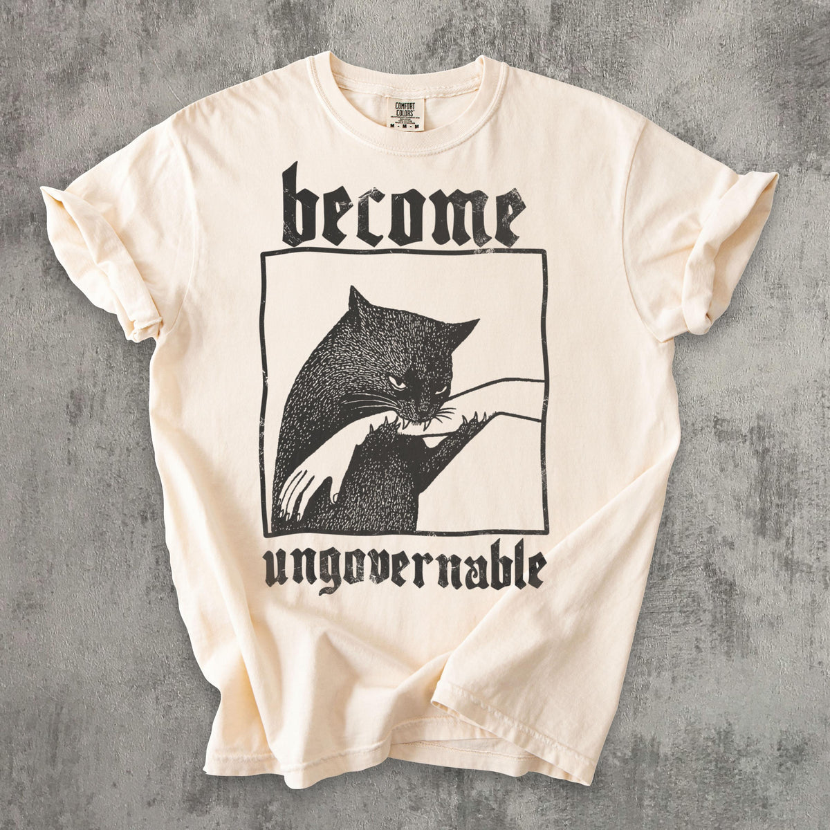Become Ungovernable Funny Graphic Cat Biting Hand T-shirt, Vintage Graphic Tee, Silly Cats Shirt, Comfort Colors, Unisex Cotton, Gag Gifts Comfort Colors Ivory