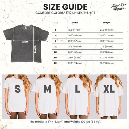 May include: A size guide for a Comfort Colors 1717 t-shirt featuring a table with width and length measurements in inches from 18.5 to 29.0 inches and 27.0 to 33.5 inches. Four images show the shirt in sizes S, M, L, and XL on a model.
