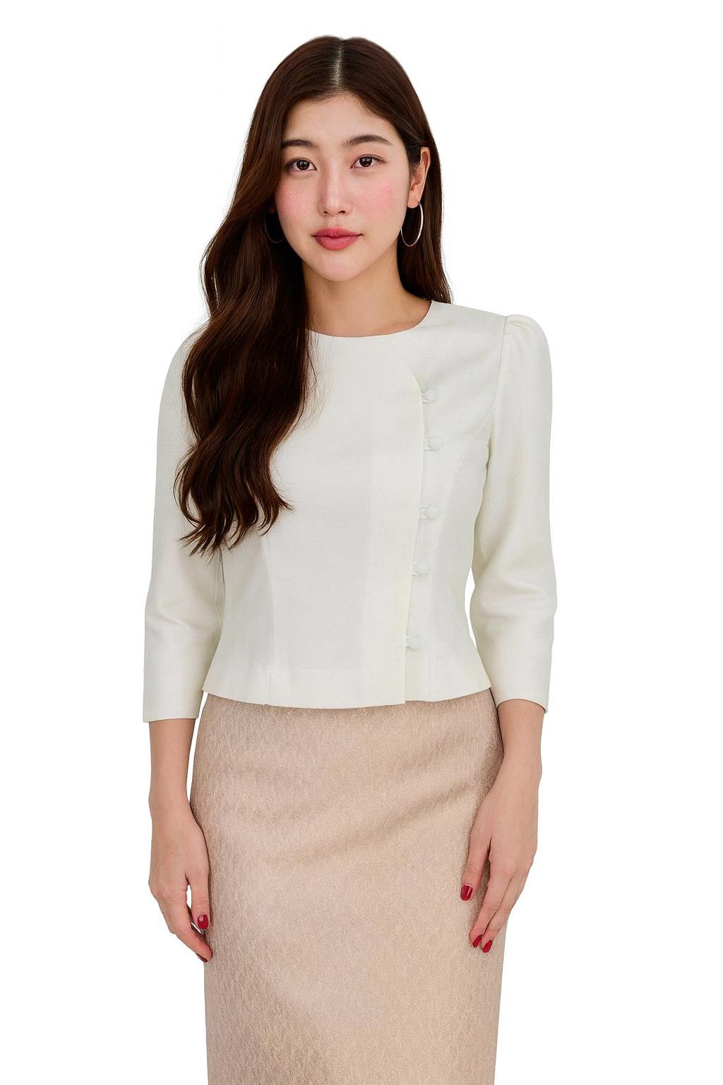 May include: Cream-colored blouse with three-quarter sleeves and a row of buttons on the side. The blouse is paired with a beige skirt. The outfit is suitable for formal or business attire.