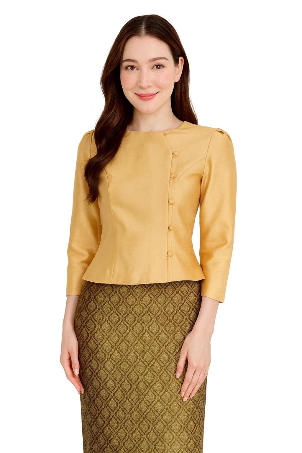 May include: A golden-yellow blouse with three-quarter sleeves and a row of buttons on the side. The blouse is paired with a patterned skirt in shades of green and gold. The outfit is suitable for formal or semi-formal occasions.