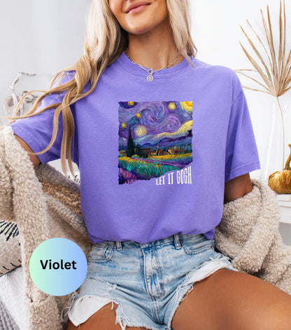 May include: Violet-colored t-shirt featuring a print of Van Gogh's "Starry Night" painting. The artwork includes a swirling night sky, a village, and the text "LET IT GOGH". The shirt is paired with denim shorts.