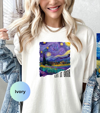 May include: Ivory-colored t-shirt featuring a vibrant print of Van Gogh's "Starry Night" painting. The artwork is framed by a torn paper effect, with the words "LET IT GOGH" in black. The shirt is a comfortable, casual wear.