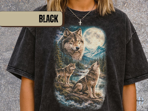 Retro Wolves T-Shirt, Comfort Colors Boho Wolves Lovers Tee, Wolves Moonlight 90's Graphic Tee, Vintage Wolves Unisex Oversize Shirt image 1