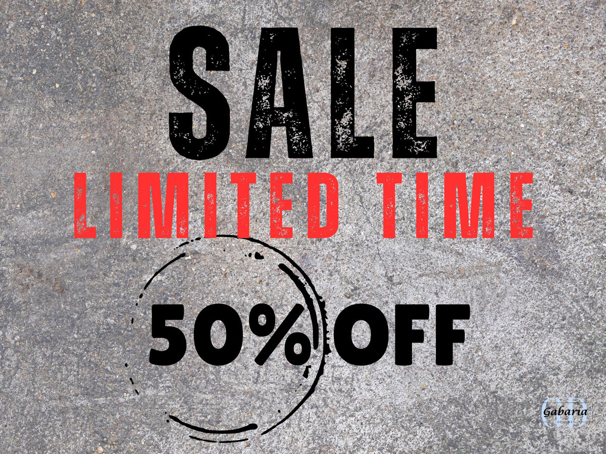 May include: Image with the word "SALE" in large black letters, "LIMITED TIME" in red, and "50% OFF" in black within a circle. The background is a textured gray surface.