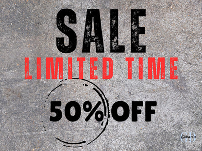 May include: Image with the word "SALE" in large black letters, "LIMITED TIME" in red, and "50% OFF" in black within a circle. The background is a textured gray surface.
