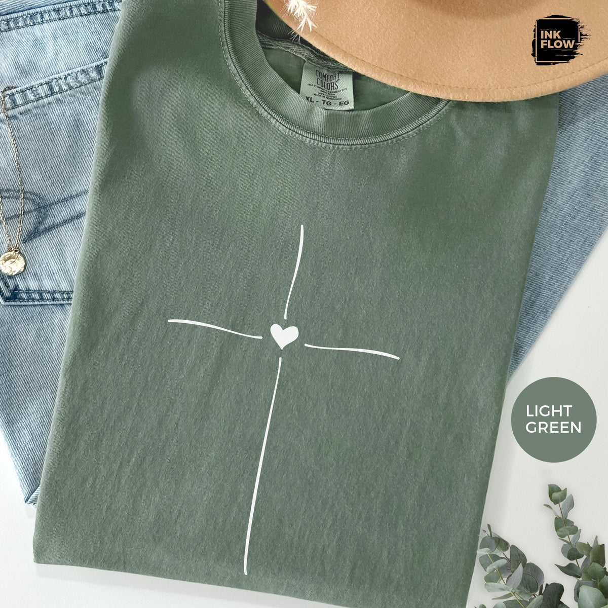 Minimal Cross Heart Comfort Colors T-Shirt – Christian T-Shirt, Faith Based Tee, Simple Jesus Cross Shirt