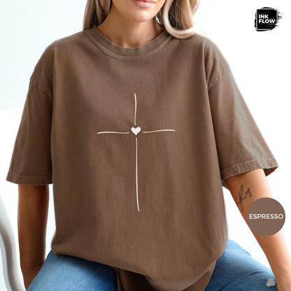 Minimal Cross Heart Comfort Colors T-Shirt – Christian T-Shirt, Faith Based Tee, Simple Jesus Cross Shirt image 3