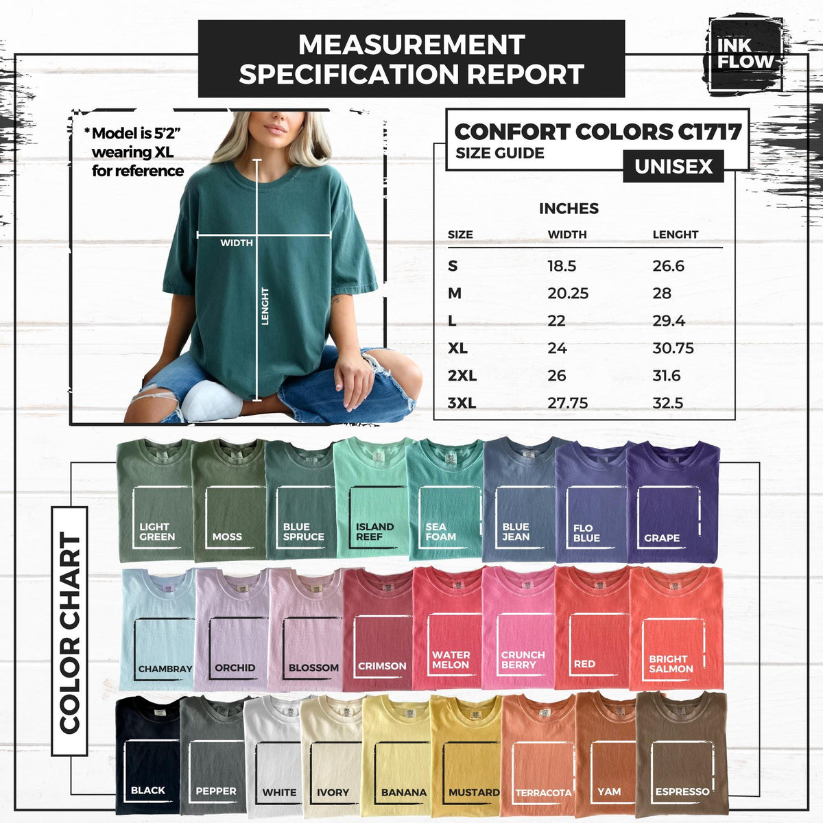 May include: A Comfort Colors C1717 unisex t-shirt size guide and color chart. The chart displays a measurement specification report in inches for sizes S through 3XL, alongside a grid of twenty-four folded t-shirts in various colors.