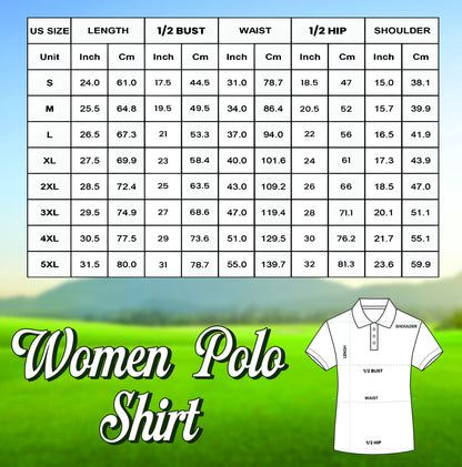 May include: A chart detailing women's polo shirt measurements in inches and centimeters, including length, bust, waist, hip, and shoulder sizes. The chart includes sizes S through 5XL. The image also features the words "Women Polo Shirt".