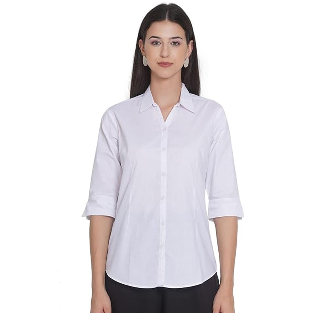 White Cotton Button Down Shirt for Women, Elegant Office Wear Top with 3/4 Sleeves, Smart Casual Daily Wear Ladies Shirt in Regular Fit