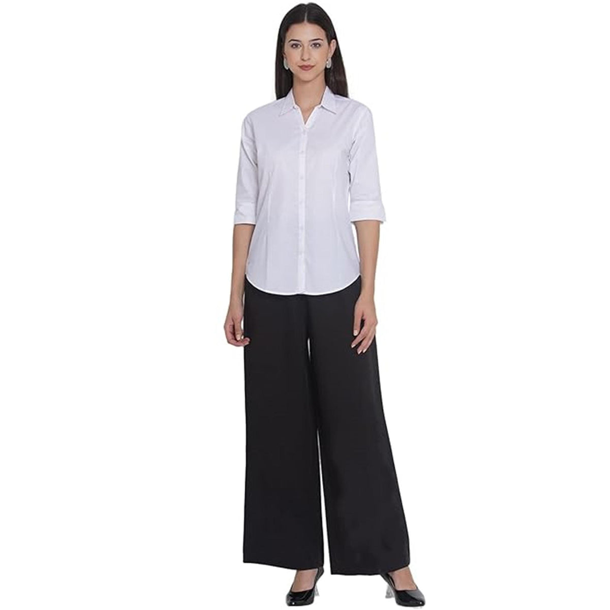 May include: A crisp white button-down shirt with a classic collar and three-quarter length sleeves paired with solid black wide-leg trousers. The shirt features a vertical row of white buttons down the center front and a clean, tailored fit.