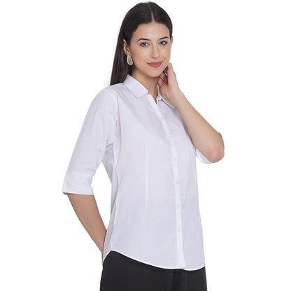 May include: A crisp white button-down shirt featuring a classic collar, a front button placket, and three-quarter length sleeves. The shirt is tailored with a clean, solid white finish and a straight hemline, providing a simple and versatile look.