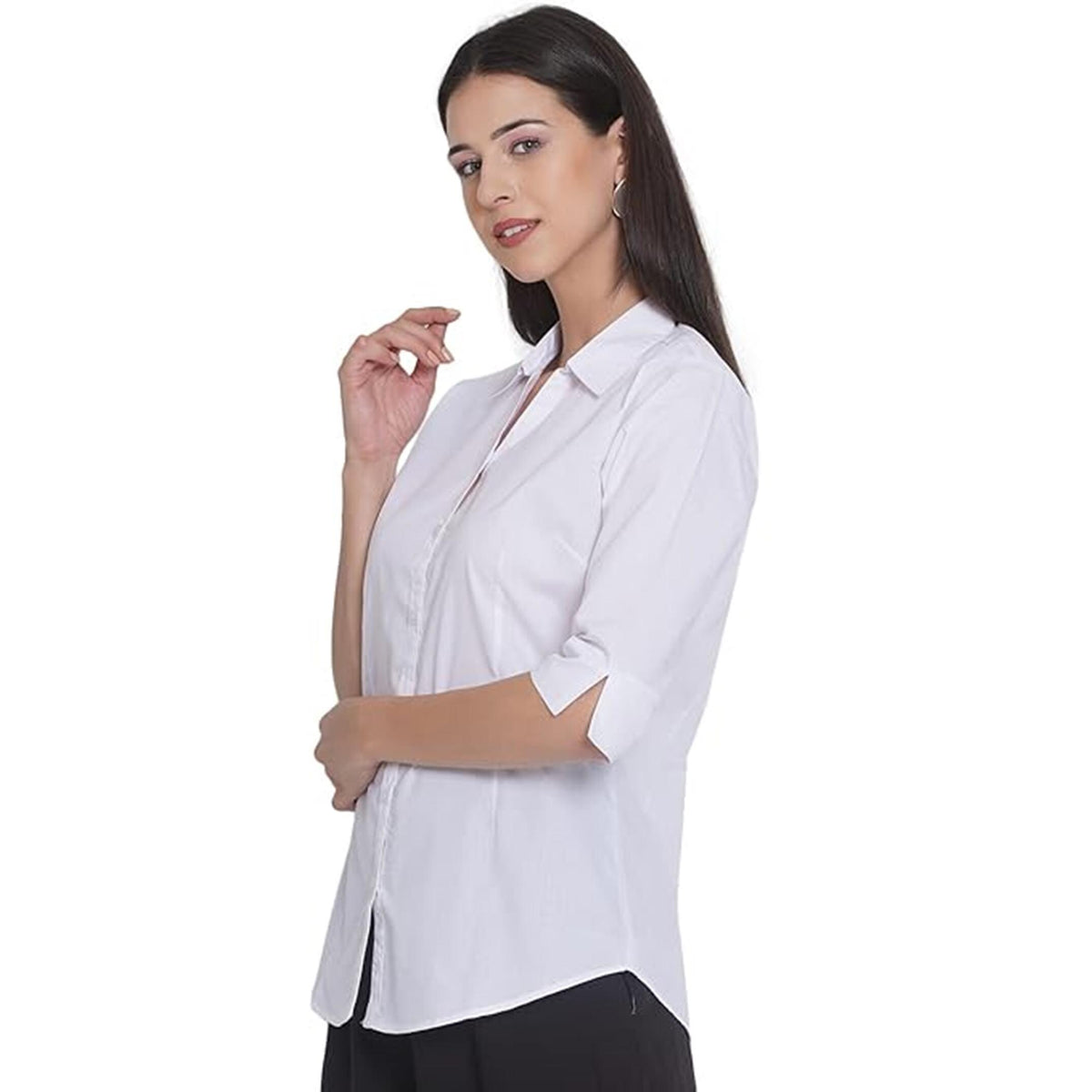 May include: A crisp white button-down shirt featuring a classic collar, a front button placket, and three-quarter length sleeves with split cuffs. The shirt is tailored with a clean, solid white finish and a structured fit, worn over black trousers.