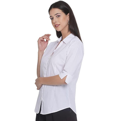 May include: A crisp white button-down shirt featuring a classic collar, a front button placket, and three-quarter length sleeves with split cuffs. The shirt is tailored with a clean, solid white finish and a structured fit, worn over black trousers.