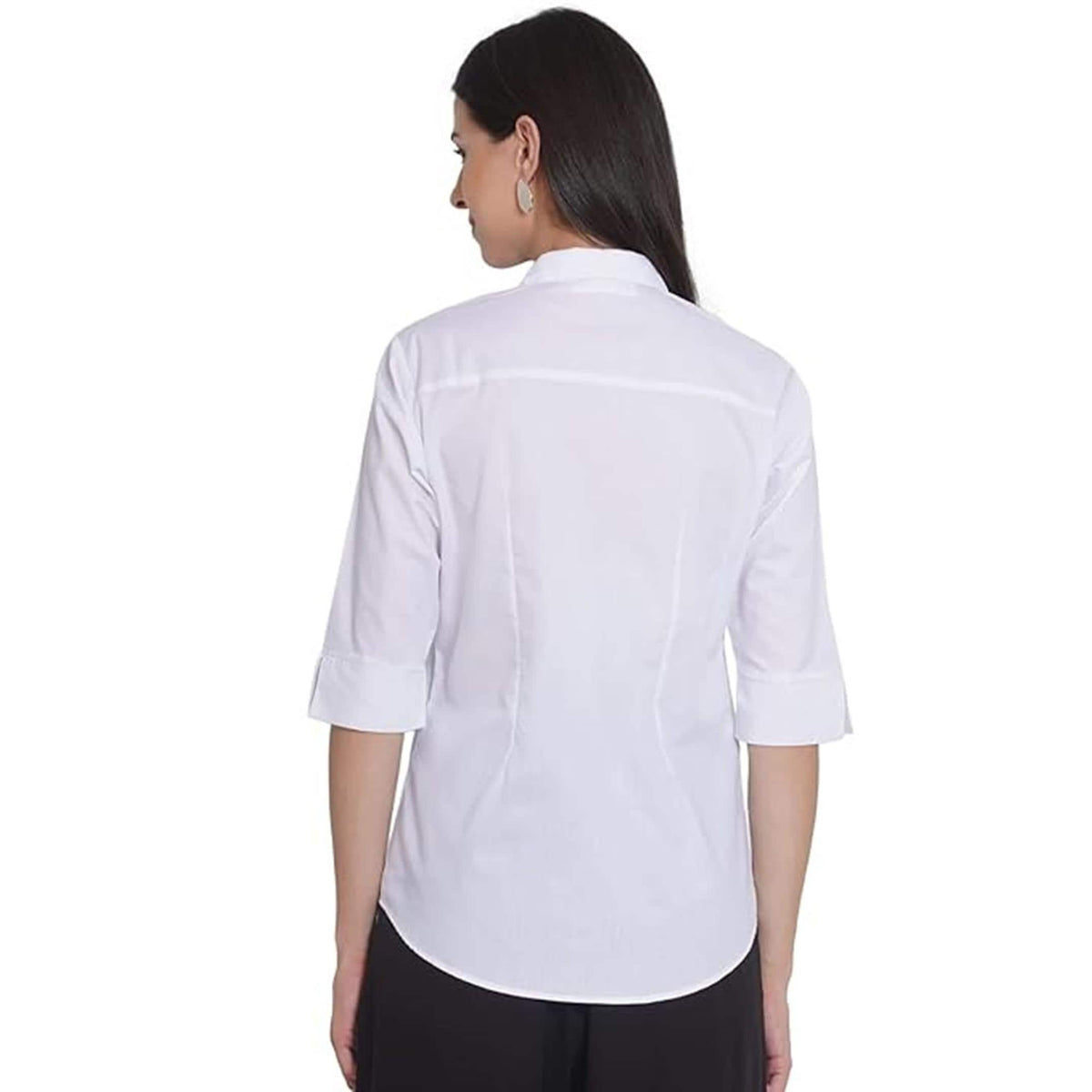 May include: A crisp white button-down shirt featuring a classic collar, three-quarter length sleeves with folded cuffs, and a tailored fit. The shirt is shown from the back, displaying a clean, solid white fabric with vertical seam detailing.