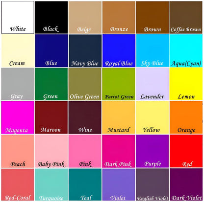 May include: A color chart featuring thirty-six distinct square swatches arranged in a grid. Each square displays a solid color with its corresponding name printed in white or black text, including White, Black, Beige, Bronze, Brown, Coffee Brown, Cream, Blue, Navy Blue, Royal Blue, Sky Blue, Aqua, Gray, Green, Olive Green, Parrot Green, Lavender, Lemon, Magenta, Maroon, Wine, Mustard, Yellow, Orange, Peach, Baby Pink, Pink, Dark Pink, Purple, Red, Red-Coral, Turquoise, Teal, Violet, English Violet, and Dar