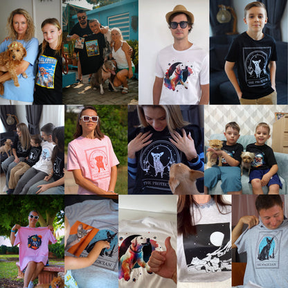 May include: Collection of t-shirts featuring various graphic designs. Designs include a dog with a crescent moon, a dog with a tarot card design, and a dog with a watercolor design. The shirts are in various colors, including black, white, and pink.