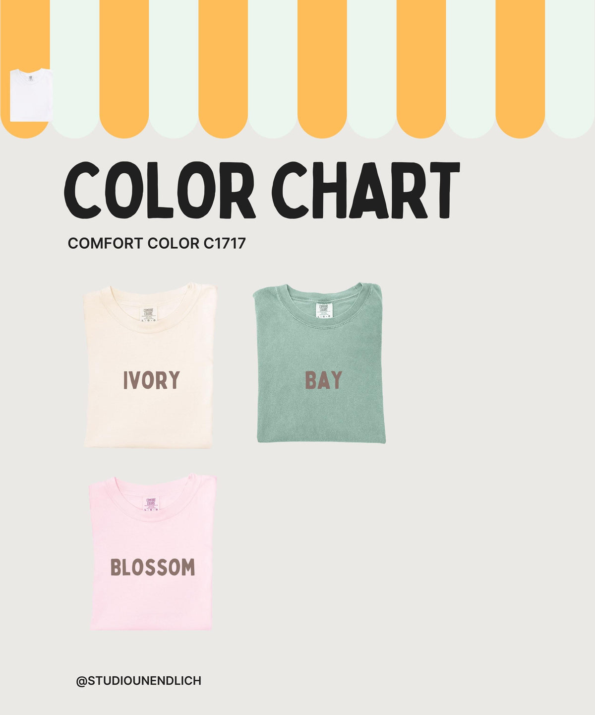 May include: Color chart featuring three folded t-shirts in ivory, bay, and blossom colors. The text "COLOR CHART" and "COMFORT COLOR C1717" are displayed above the shirts. The brand's social media handle is at the bottom.