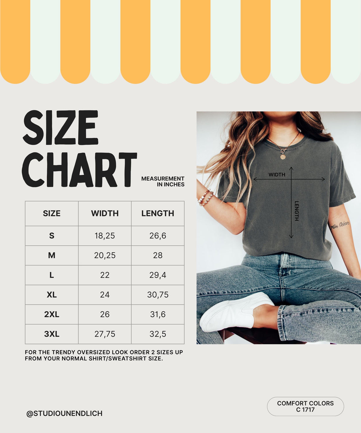 May include: Size chart for a t-shirt, with measurements in inches. Sizes range from S to 3XL, with corresponding width and length measurements. The chart includes a recommendation to order two sizes up for an oversized fit. The shirt is Comfort Colors C 1717.