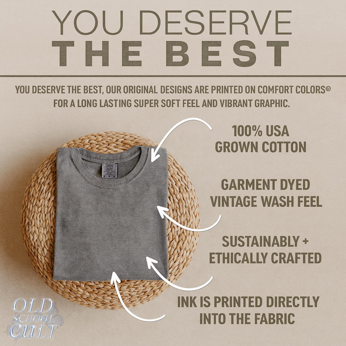May include: A folded, gray t-shirt with a crew neck, displayed on a woven, circular mat. Text on the image reads "YOU DESERVE THE BEST" and details about the shirt's features, including "100% USA GROWN COTTON."