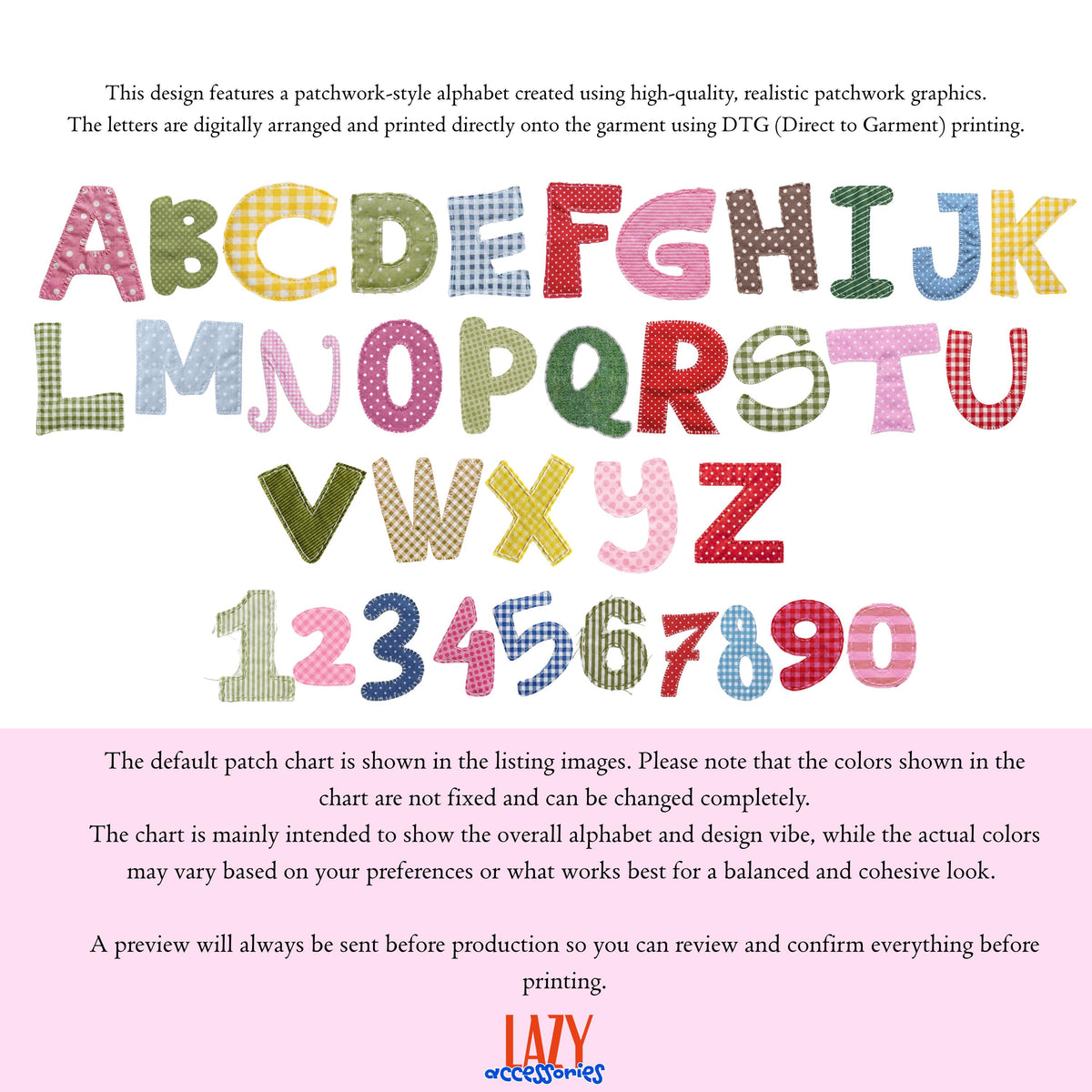 May include: A digital graphic display of an alphabet and numbers zero through nine, featuring a patchwork-style design with various patterns including polka dots, gingham, and stripes in multiple colors like red, pink, green, blue, and yellow.