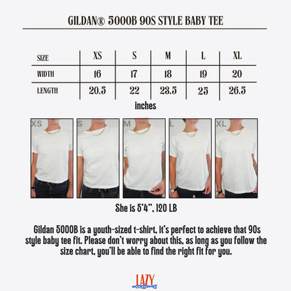 May include: A Gildan 5000B 90s style baby tee size chart displaying width and length measurements in inches for sizes XS through XL. The chart includes five images of a white t-shirt on a person, labeled by size, and notes a model height of 5'4" and 120 lb.