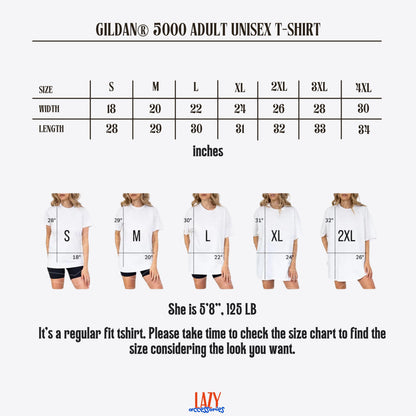 May include: A Gildan 5000 adult unisex t-shirt size chart displaying width and length measurements in inches for sizes S through 4XL. The chart includes illustrations of a person wearing sizes S to 2XL, noting the person is 5'8" and 125 lbs.