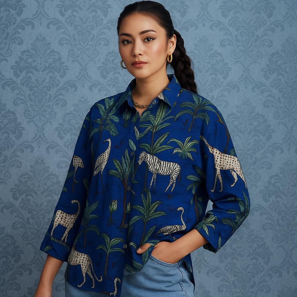 May include: A blue button-down shirt with a jungle-themed print. The shirt features illustrations of zebras, giraffes, and palm trees. The long-sleeved shirt is made of a lightweight fabric and is worn with blue jeans.