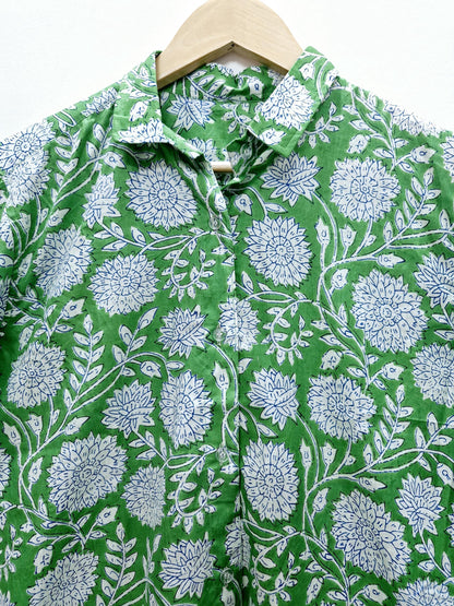 Green Floral Print Cotton Shirt for Women Hand Block Printed Boho Button Down Tops Flower Printed Blouse Vintage Cotton Shirt Festival Wear image 3