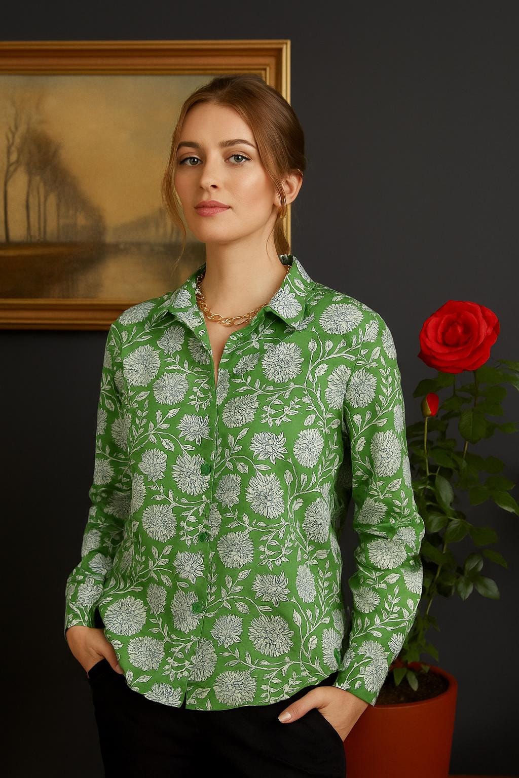 Green Floral Print Cotton Shirt for Women Hand Block Printed Boho Button Down Tops Flower Printed Blouse Vintage Cotton Shirt Festival Wear image 9