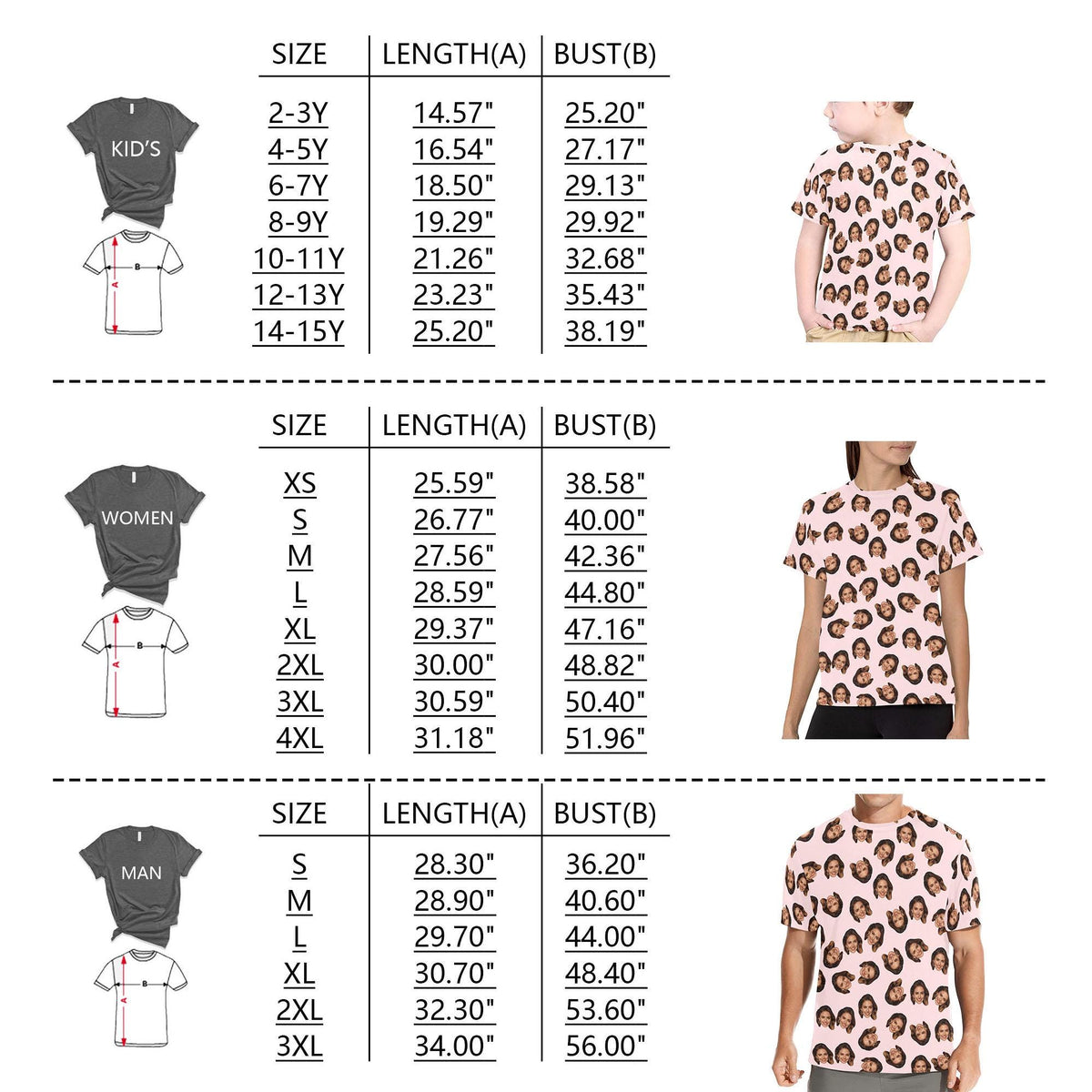 May include: A size chart for t-shirts featuring three sections for kids, women, and men. Each section displays a t-shirt icon with length and bust measurements in inches, alongside a photo of a person wearing a light pink t-shirt with a repeating face pattern.